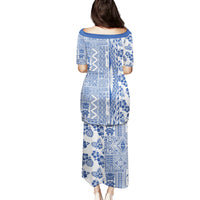 Hawaii Family Matching Puletasi Dress and Hawaiian Shirt Aloha Tropical Plants Tribal Pattern Blue Version LT03 - Polynesian Pride
