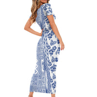 Hawaii Family Matching Short Sleeve Bodycon Dress and Hawaiian Shirt Aloha Tropical Plants Tribal Pattern Blue Version LT03 - Polynesian Pride