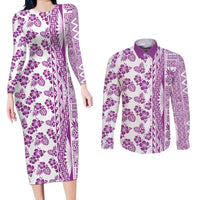 Hawaii Couples Matching Long Sleeve Bodycon Dress and Long Sleeve Button Shirt Aloha Tropical Plants Tribal Pattern Pink Version LT03 Pink - Polynesian Pride