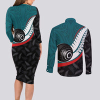 Personalised Aotearoa Lawn Bowls Couples Matching Long Sleeve Bodycon Dress and Long Sleeve Button Shirt Maori and Silver Fern Sporty Style Teal Color LT03 - Polynesian Pride