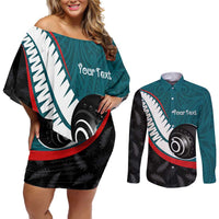 Personalised Aotearoa Lawn Bowls Couples Matching Off Shoulder Short Dress and Long Sleeve Button Shirt Maori and Silver Fern Sporty Style Teal Color LT03 Teal - Polynesian Pride