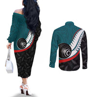 Personalised Aotearoa Lawn Bowls Couples Matching Off The Shoulder Long Sleeve Dress and Long Sleeve Button Shirt Maori and Silver Fern Sporty Style Teal Color LT03 - Polynesian Pride
