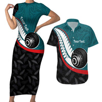 Personalised Aotearoa Lawn Bowls Couples Matching Short Sleeve Bodycon Dress and Hawaiian Shirt Maori and Silver Fern Sporty Style Teal Color LT03 Teal - Polynesian Pride