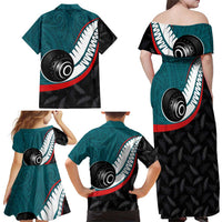 Personalised Aotearoa Lawn Bowls Family Matching Off Shoulder Maxi Dress and Hawaiian Shirt Maori and Silver Fern Sporty Style Teal Color LT03 - Polynesian Pride