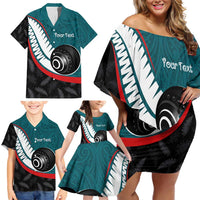 Personalised Aotearoa Lawn Bowls Family Matching Off Shoulder Short Dress and Hawaiian Shirt Maori and Silver Fern Sporty Style Teal Color LT03 - Polynesian Pride