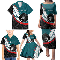 Personalised Aotearoa Lawn Bowls Family Matching Puletasi and Hawaiian Shirt Maori and Silver Fern Sporty Style Teal Color LT03 - Polynesian Pride