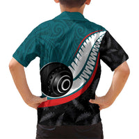 Personalised Aotearoa Lawn Bowls Family Matching Short Sleeve Bodycon Dress and Hawaiian Shirt Maori and Silver Fern Sporty Style Teal Color LT03 - Polynesian Pride