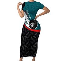 Personalised Aotearoa Lawn Bowls Family Matching Short Sleeve Bodycon Dress and Hawaiian Shirt Maori and Silver Fern Sporty Style Teal Color LT03 Mom's Dress Teal - Polynesian Pride