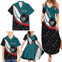 Personalised Aotearoa Lawn Bowls Family Matching Summer Maxi Dress and Hawaiian Shirt Maori and Silver Fern Sporty Style Teal Color LT03 - Polynesian Pride