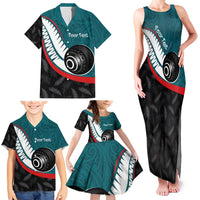 Personalised Aotearoa Lawn Bowls Family Matching Tank Maxi Dress and Hawaiian Shirt Maori and Silver Fern Sporty Style Teal Color LT03 - Polynesian Pride
