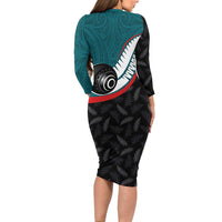 Personalised Aotearoa Lawn Bowls Long Sleeve Bodycon Dress Maori and Silver Fern Sporty Style Teal Color LT03 - Polynesian Pride
