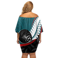 Personalised Aotearoa Lawn Bowls Off Shoulder Short Dress Maori and Silver Fern Sporty Style Teal Color LT03 - Polynesian Pride
