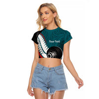 Personalised Aotearoa Lawn Bowls Raglan Cropped T Shirt Maori and Silver Fern Sporty Style Teal Color LT03 Female Teal - Polynesian Pride