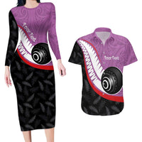 Personalised Aotearoa Lawn Bowls Couples Matching Long Sleeve Bodycon Dress and Hawaiian Shirt Maori and Silver Fern Sporty Style Pink Color LT03 Pink - Polynesian Pride
