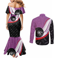 Personalised Aotearoa Lawn Bowls Couples Matching Mermaid Dress and Long Sleeve Button Shirt Maori and Silver Fern Sporty Style Pink Color LT03 - Polynesian Pride