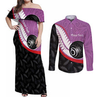 Personalised Aotearoa Lawn Bowls Couples Matching Off Shoulder Maxi Dress and Long Sleeve Button Shirt Maori and Silver Fern Sporty Style Pink Color LT03 Pink - Polynesian Pride