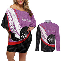 Personalised Aotearoa Lawn Bowls Couples Matching Off Shoulder Short Dress and Long Sleeve Button Shirt Maori and Silver Fern Sporty Style Pink Color LT03 Pink - Polynesian Pride