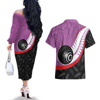 Personalised Aotearoa Lawn Bowls Couples Matching Off The Shoulder Long Sleeve Dress and Hawaiian Shirt Maori and Silver Fern Sporty Style Pink Color LT03 - Polynesian Pride