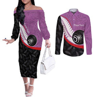 Personalised Aotearoa Lawn Bowls Couples Matching Off The Shoulder Long Sleeve Dress and Long Sleeve Button Shirt Maori and Silver Fern Sporty Style Pink Color LT03 Pink - Polynesian Pride