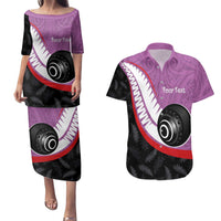 Personalised Aotearoa Lawn Bowls Couples Matching Puletasi and Hawaiian Shirt Maori and Silver Fern Sporty Style Pink Color LT03 Pink - Polynesian Pride