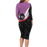 Personalised Aotearoa Lawn Bowls Long Sleeve Bodycon Dress Maori and Silver Fern Sporty Style Pink Color LT03 - Polynesian Pride