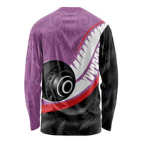 Personalised Aotearoa Lawn Bowls Long Sleeve Shirt Maori and Silver Fern Sporty Style Pink Color - Polynesian Pride
