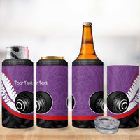 Personalised Aotearoa Lawn Bowls 4 in 1 Can Cooler Tumbler Maori and Silver Fern Sporty Style Purple Color LT03 - Polynesian Pride
