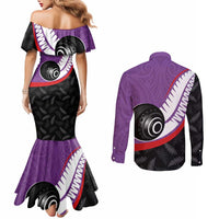 Personalised Aotearoa Lawn Bowls Couples Matching Mermaid Dress and Long Sleeve Button Shirt Maori and Silver Fern Sporty Style Purple Color LT03 - Polynesian Pride