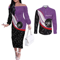 Personalised Aotearoa Lawn Bowls Couples Matching Off The Shoulder Long Sleeve Dress and Long Sleeve Button Shirt Maori and Silver Fern Sporty Style Purple Color LT03 Purple - Polynesian Pride
