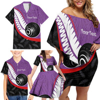 Personalised Aotearoa Lawn Bowls Family Matching Off Shoulder Short Dress and Hawaiian Shirt Maori and Silver Fern Sporty Style Purple Color LT03 - Polynesian Pride