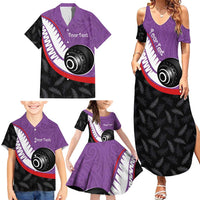 Personalised Aotearoa Lawn Bowls Family Matching Summer Maxi Dress and Hawaiian Shirt Maori and Silver Fern Sporty Style Purple Color LT03 - Polynesian Pride