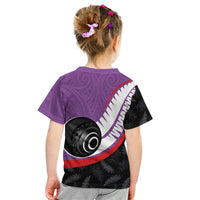 Personalised Aotearoa Lawn Bowls Kid T Shirt Maori and Silver Fern Sporty Style Purple Color LT03 - Polynesian Pride