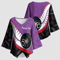 Personalised Aotearoa Lawn Bowls Kimono Sleeve Blouse Maori and Silver Fern Sporty Style Purple Color LT03 - Polynesian Pride