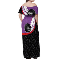 Personalised Aotearoa Lawn Bowls Off Shoulder Maxi Dress Maori and Silver Fern Sporty Style Purple Color LT03 - Polynesian Pride