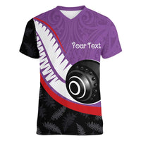 Personalised Aotearoa Lawn Bowls Women V-Neck T-Shirt Maori and Silver Fern Sporty Style Purple Color LT03 Female Purple - Polynesian Pride