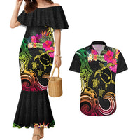 Hawaii Turtle Day Couples Matching Mermaid Dress and Hawaiian Shirt Polynesian Tattoo and Hibiscus Flowers LT03 Black - Polynesian Pride