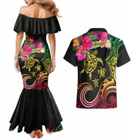 Hawaii Turtle Day Couples Matching Mermaid Dress and Hawaiian Shirt Polynesian Tattoo and Hibiscus Flowers LT03 - Polynesian Pride
