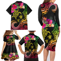 Hawaii Turtle Day Family Matching Long Sleeve Bodycon Dress and Hawaiian Shirt Polynesian Tattoo and Hibiscus Flowers LT03 - Polynesian Pride