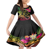 Hawaii Turtle Day Family Matching Short Sleeve Bodycon Dress and Hawaiian Shirt Polynesian Tattoo and Hibiscus Flowers LT03 Daughter's Dress Black - Polynesian Pride