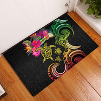 Hawaii Turtle Day Rubber Doormat Polynesian Tattoo and Hibiscus Flowers