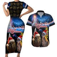 New Zealand and Australia Merry Christmas Couples Matching Short Sleeve Bodycon Dress and Hawaiian Shirt Kiwi Bird and Kangaroo Xmas Vibe LT03 Black - Polynesian Pride