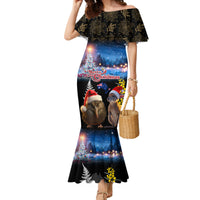 New Zealand and Australia Merry Christmas Family Matching Mermaid Dress and Hawaiian Shirt Kiwi Bird and Kangaroo Xmas Vibe LT03 Mom's Dress Black - Polynesian Pride