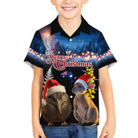 New Zealand and Australia Merry Christmas Family Matching Off Shoulder Short Dress and Hawaiian Shirt Kiwi Bird and Kangaroo Xmas Vibe LT03 Son's Shirt Black - Polynesian Pride