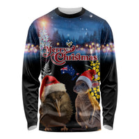 New Zealand and Australia Merry Christmas Long Sleeve Shirt Kiwi Bird and Kangaroo Xmas Vibe LT03 Unisex Black - Polynesian Pride