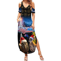 New Zealand and Australia Merry Christmas Summer Maxi Dress Kiwi Bird and Kangaroo Xmas Vibe LT03 Women Black - Polynesian Pride