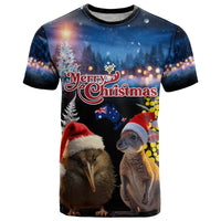 New Zealand and Australia Merry Christmas T Shirt Kiwi Bird and Kangaroo Xmas Vibe LT03 Black - Polynesian Pride