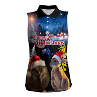 New Zealand and Australia Merry Christmas Women Sleeveless Polo Shirt Kiwi Bird and Kangaroo Xmas Vibe LT03 Female Black - Polynesian Pride