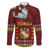 Tonga Independence Day Family Matching Mermaid Dress and Hawaiian Shirt National Flag and Emblem with Ngatu Art Pattern LT03 Dad's Shirt - Long Sleeve Red - Polynesian Pride