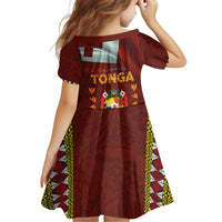 Tonga Independence Day Kid Short Sleeve Dress National Flag and Emblem with Ngatu Art Pattern