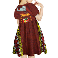 Tonga Independence Day Kid Short Sleeve Dress National Flag and Emblem with Ngatu Art Pattern